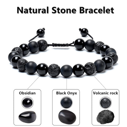 SAMXY Mens Bracelets Beads-8MM Black Onyx Obsidian Lava Stone Beads-2Pcs Handmade Natural Stone Crystal Healing Bracelet-Protection Bracelet for Men