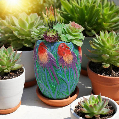 Yuccasly 6.2" H Ceramic Flowerpot with Bird Pattern, Green Glazed Oval Planter, Boho Indoor Outdoor Succulent Container with Drainage Hole