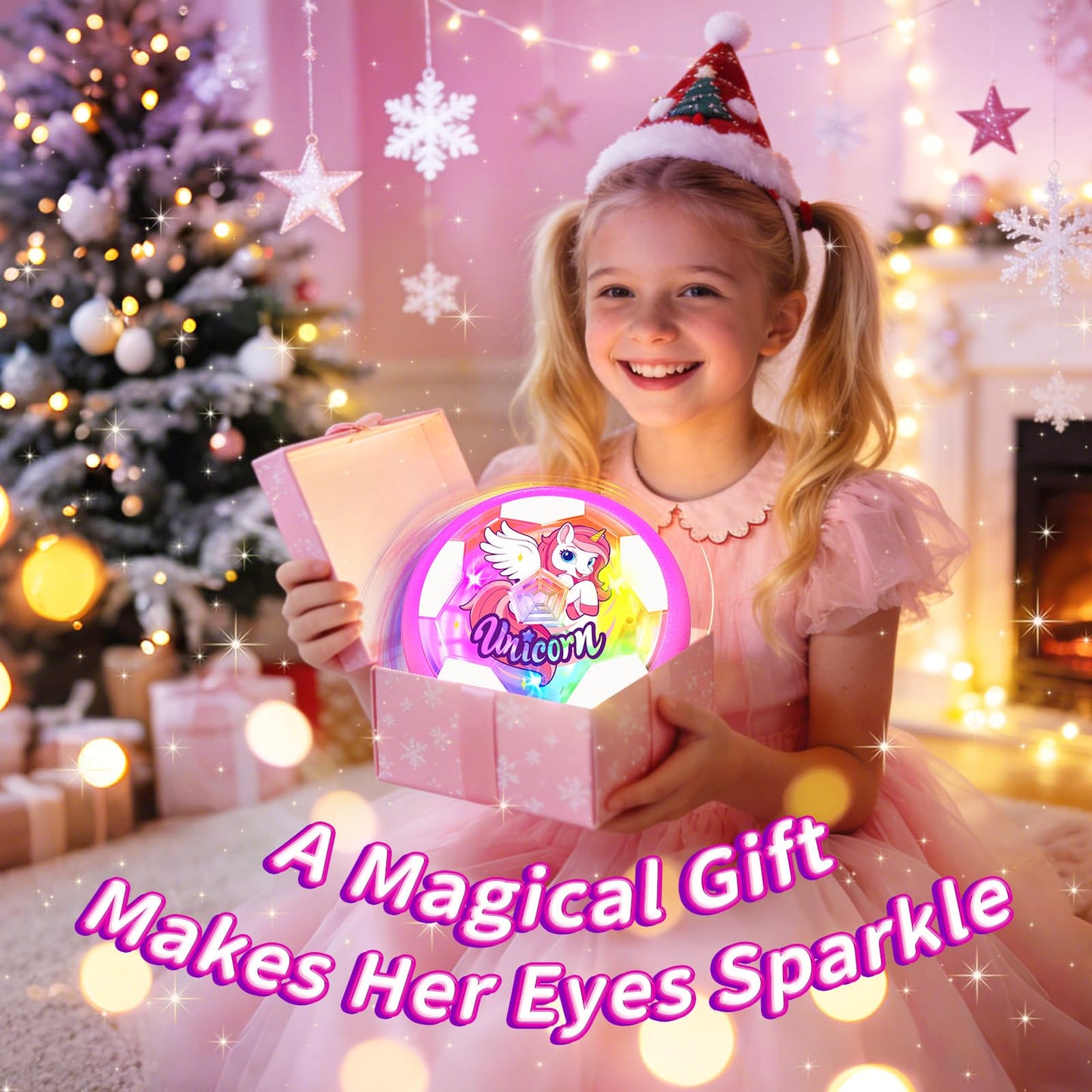 Tqeieu Unicorn Hover Soccer Ball for Girls, Light Up Air Floating Toys for Girls Age 3 4 5 6 7 8 9 10 11 12, Indoor Toy Birthday Gifts, Kids Games with LED Lights Foam Bumper, Kids Stocking Stuffers