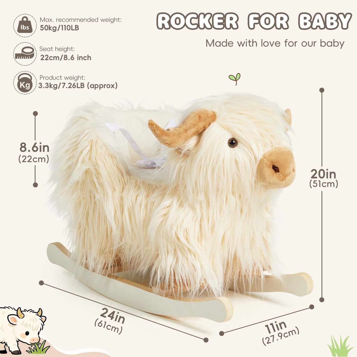 Baby Rocking Horse,Highlander Cattle Toddler Rocking Toy for 1+ Year Old Cute White Cow Stuffed Cow Rocker Toy Rocking Animal for Baby Boys and Girls Nursery/Child Christmas or Birthday Gift