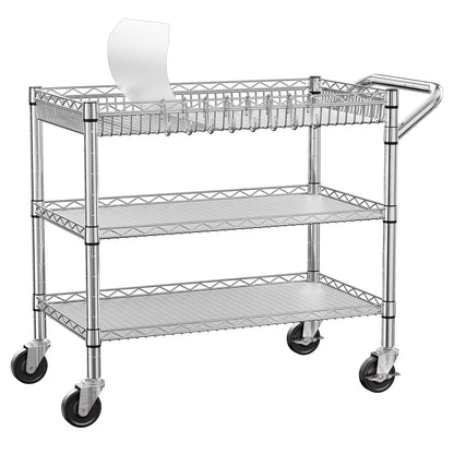 NTE Utility Cart with Wheels, 990lbs Capacity Metal 3 Tier Rolling Carts, NSF Kitchen Carts On Wheels with Storage, Heavy Duty Utility Cart with Handle & Wire Shelf for Indoor & Outdoor Use, Silver
