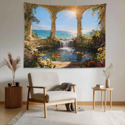 Shrahala Green Beautiful Landscape Wall Tapestry, Palace Beauty Retro Pavilion Waterfall Nature Scenery Wall Hanging Large Tapestry Decoration Fiber White Hem Around For Dorm Room Bedroom 30 X 40 In