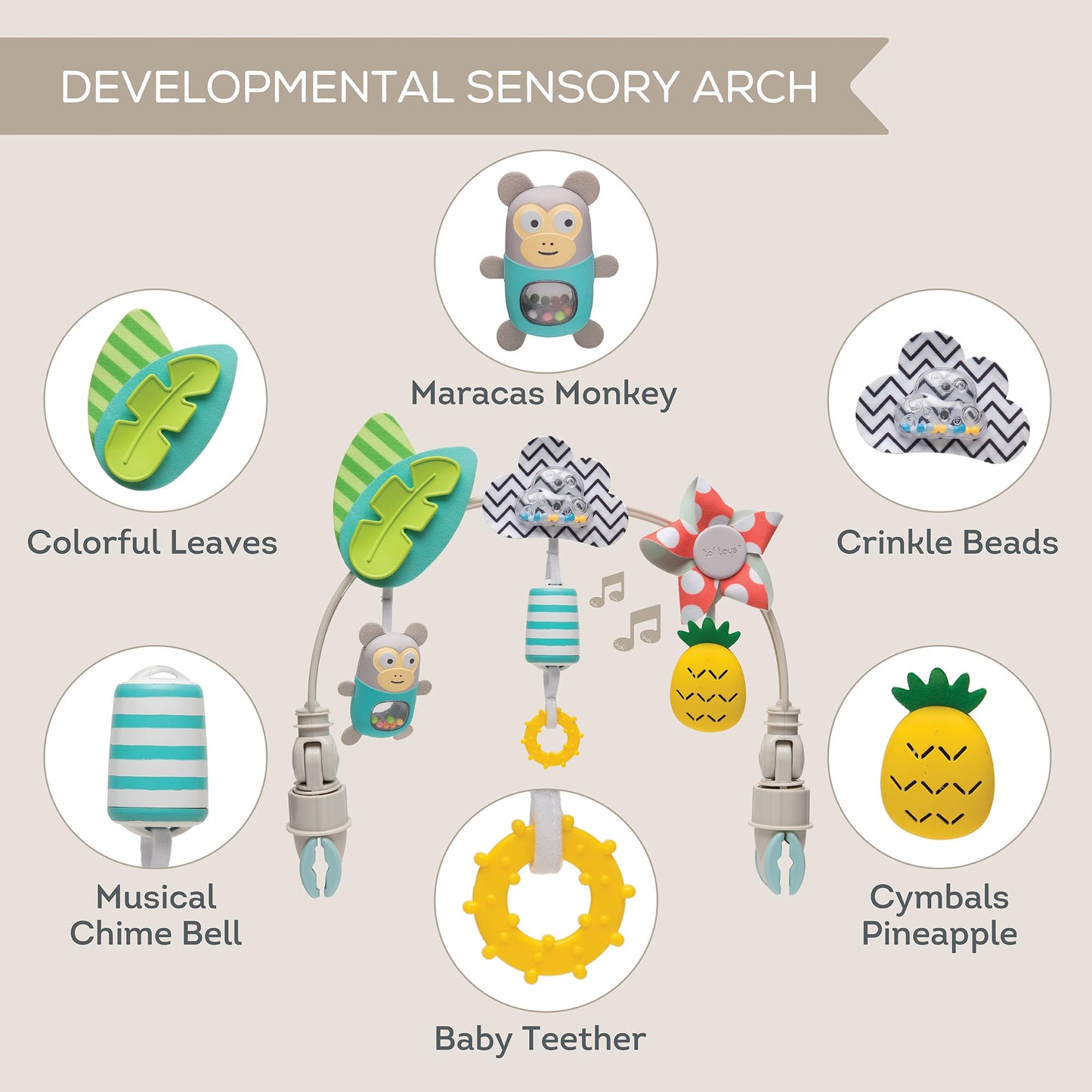 Taf Toys Tropical Arch Adjustable Infant Car Seat & Stroller Toy for Infant & Toddlers, Stroller Arch, Baby Crib Toys Clips on Prams/Car Seats/Bouncers Encourages Motor Skills & Sound Exploration