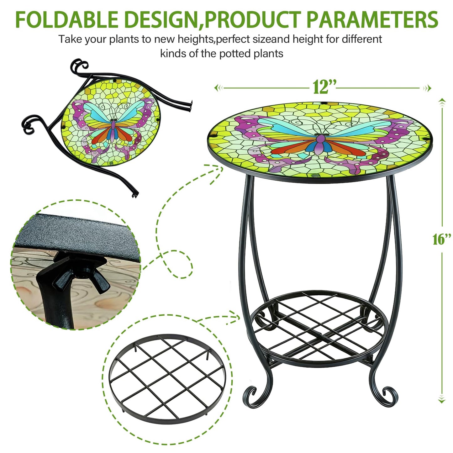 Arbuxzuy 12 Inch Small Outdoor Side Table with Colorful Butterfly, Glass Mosaic Patio Table Indoor, Round Plant Coffee Table for Living Room, Balcony, Garden（Butterfly Style）