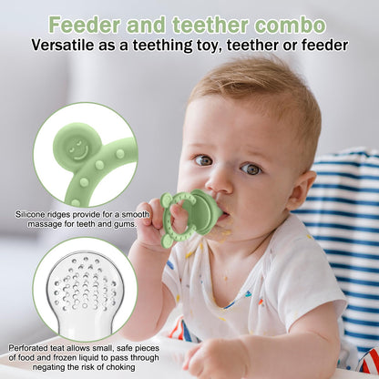 4 Pack Silicone Teething Mitten for Babies with Baby Fruit Food Feeder & Freezer Tray Set, BPA Free Infant Teething Relief Toy for 3 Month+, Additional Silicone Sacs