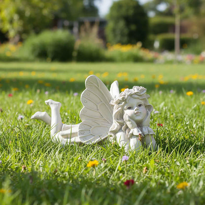 Lying Fairy Garden Statue with Hands on Chin – Outdoor Resin Angel Figurine for Yard, Patio or Lawn Decor – 10.24” Hand-Painted Fairy for Garden Fairy Scenes & Whimsical Outdoor Displays
