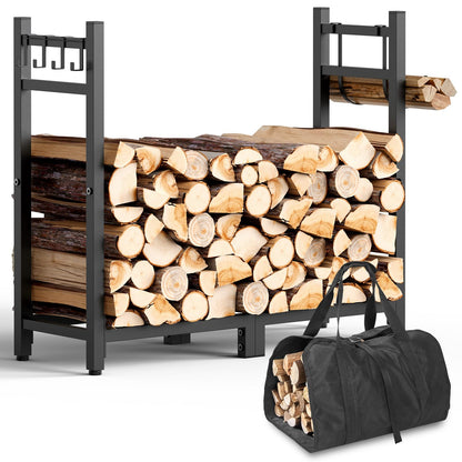 Brightown 34inch Firewood Rack Indoor with Log Carrier, Outdoor Wood Rack for Firewood,Fire Wood Storage with Kindling Hooks, Adjustable Pads, Heavy Duty Logs Holder for Fireplace Deck Outdoor, Black