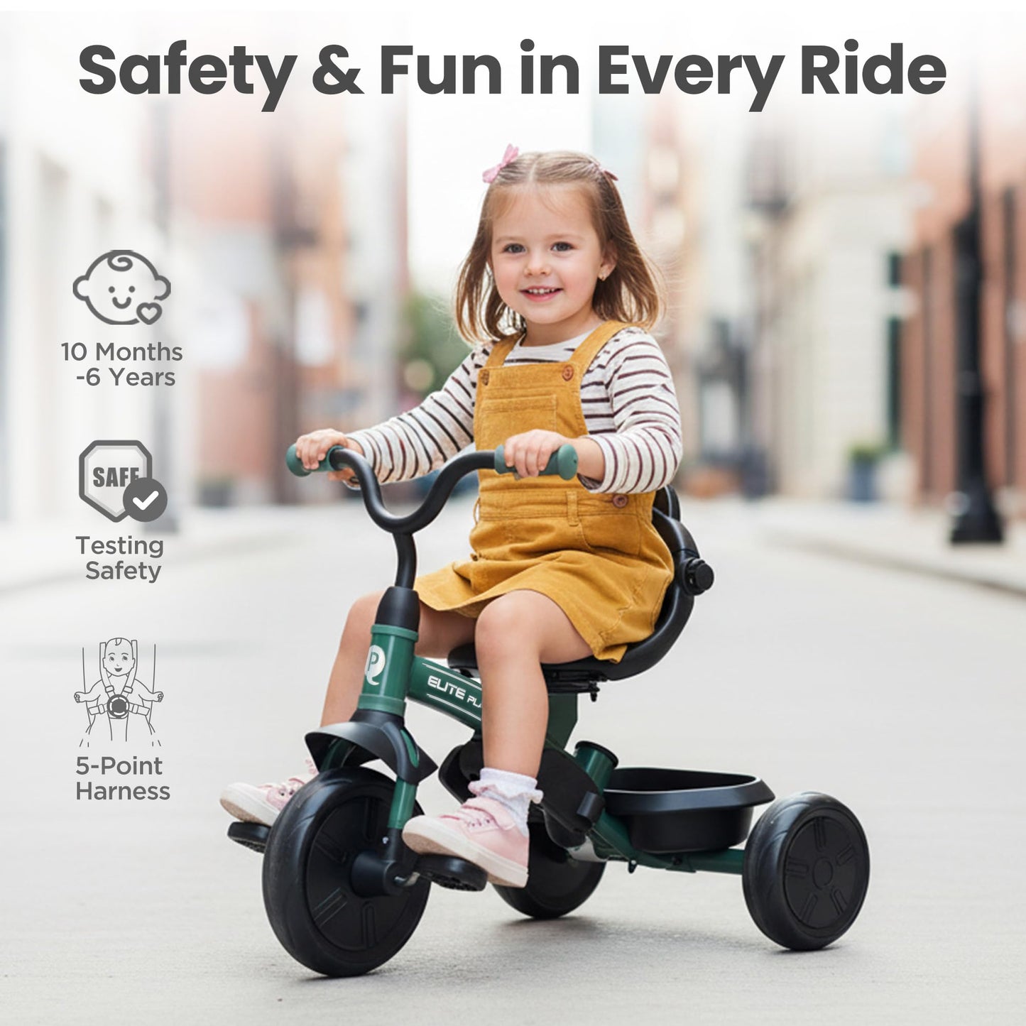 QPlay Baby Tricycle Ages 10 Months - 6 Years,6 in 1 Toddler Tricycle Stroller with Adjustable Parent Handle,Safety Harness & Wheel Brakes,Removable Canopy, Trike Bike Gifts for Boys & Girls (Green)