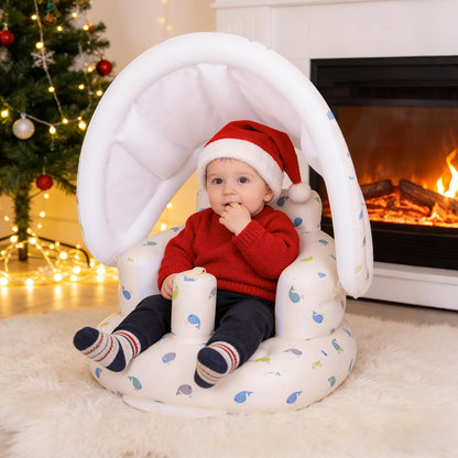 AirSwim Inflatable Baby Seat with Detachable Canopy and Built-in Pump, Inflatable Baby Chair for Babies 3 Months and Up, Sit Me Up Chair for Outdoor Indoor, Bumbo Seat for Infants, Whale