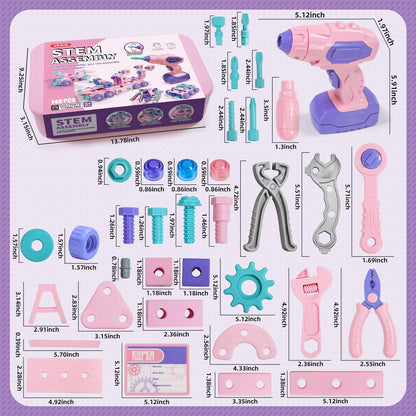 Pink Kids Tool Set for Girls,Toddler Tool Set with Drill &Toolbox,STEM Montessori Toys for 3 4 5 Year Old,Pretend Play Kid Toy,Educational Construction Toy for 3-6 Year Old Girl,Birthday Gift for Kids