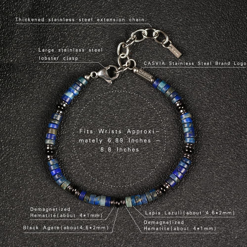 Casvia Men's Lapis Lazuli Hematite & Black Agate Beaded Bracelet, Handmade Adjustable Stainless Steel Chain, Chakra Jewelry Gift for Dad Husband Boyfriend