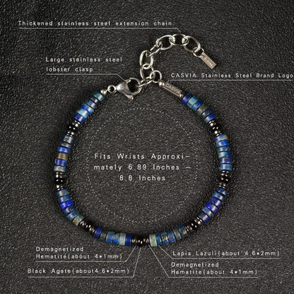 Casvia Men's Lapis Lazuli Hematite & Black Agate Beaded Bracelet, Handmade Adjustable Stainless Steel Chain, Chakra Jewelry Gift for Dad Husband Boyfriend