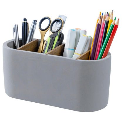 MyGift Pen Holder & Pencil Cup Modern Oval Gray Cement Desktop Office Stationery Organizer with Removable Acacia Wood Dividers