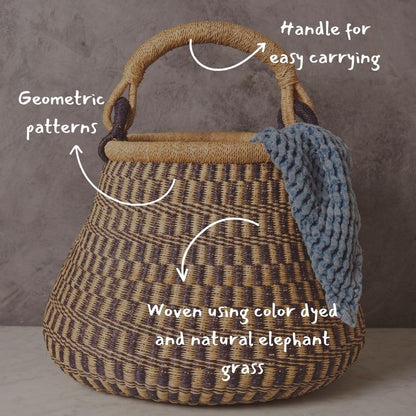 Wicker Storage Basket for Home, Natural and Navy, 16 Inch Wide