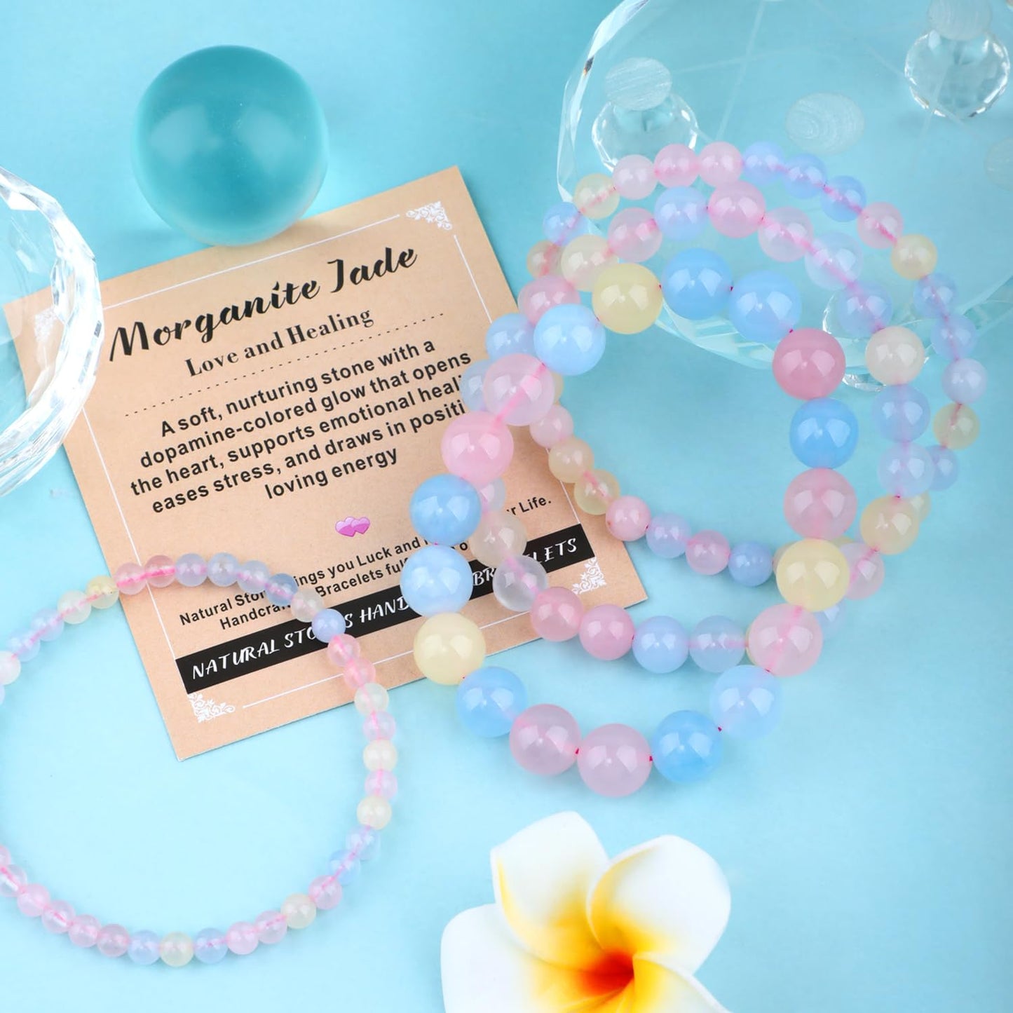 AD Beads 8mm Handmade Morganite Jade Elastic Bracelet – Natural Gemstone for Joy & Positivity – Meditation, Yoga, Healing and Energy Gift for Men Women