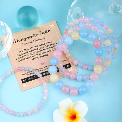 AD Beads 8mm Handmade Morganite Jade Elastic Bracelet – Natural Gemstone for Joy & Positivity – Meditation, Yoga, Healing and Energy Gift for Men Women