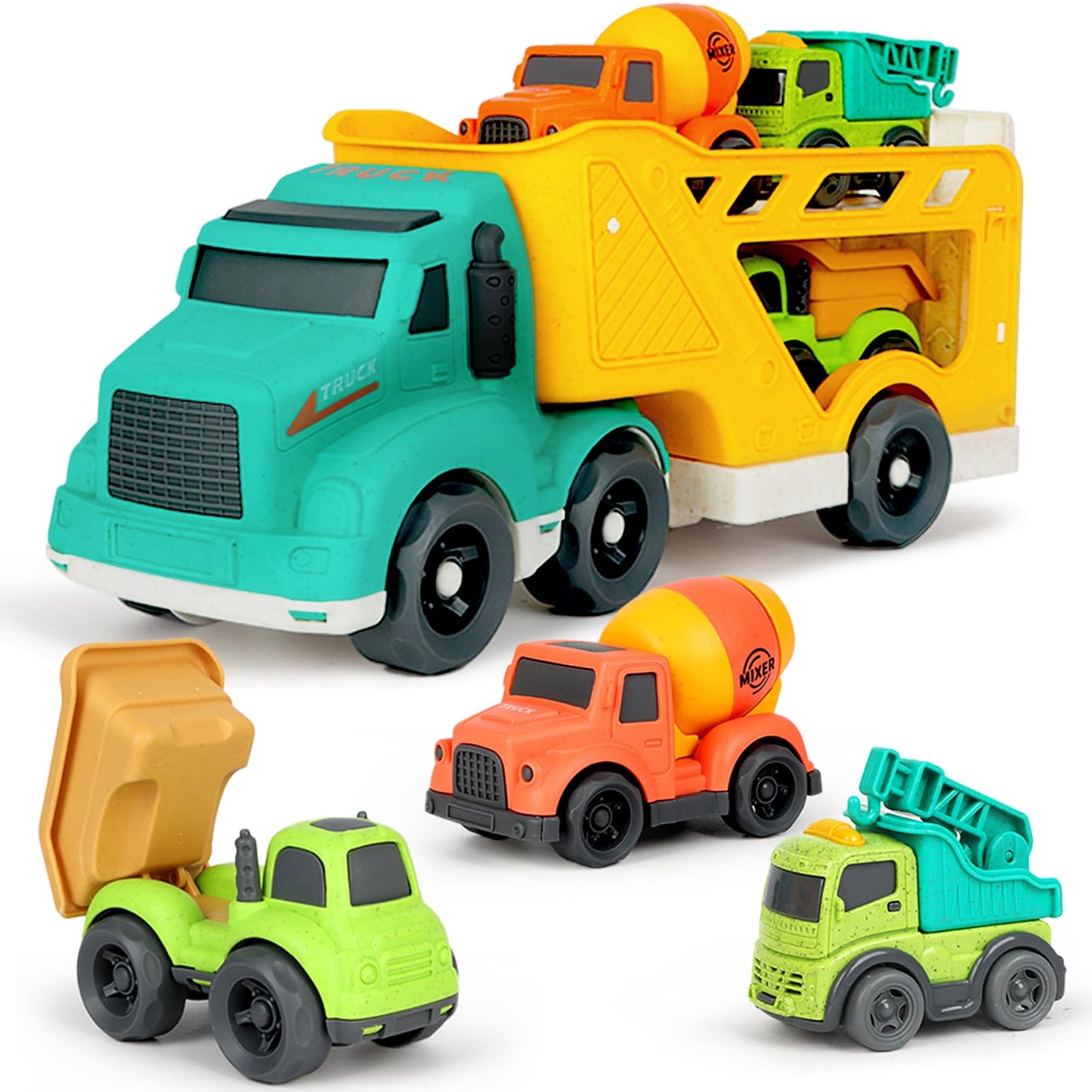 GDBAQAN Toddler Toys Trucks for 3 4 Year Old Boy, Kids Toy Cars with Dump Truck Toy, Crane, Mixer Cement, No BPA, No Phthalates, PVC, Baby Toys for Ages 3-4, Baby Boy Gifts for Birthday Christmas