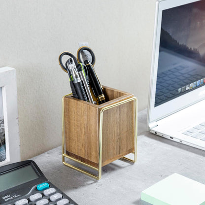 MyGift 3 Inch Modern Premium Solid Acacia Wood and Brass Tone Metal Wire Desktop Pencil Cup, Wooden Tabletop Pen Holder, Office Desk Stationery