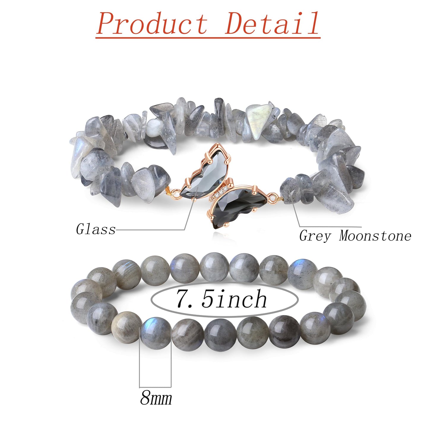 DUQGUHO 2Pcs Butterfly Bracelets for Women Grey Moonstone Bracelet Gift for Women Healing Crystal Bracelet Natural Gemstone Stretchable Jewelry 8mm Crystal Beaded Bracelet Gift for Birthday