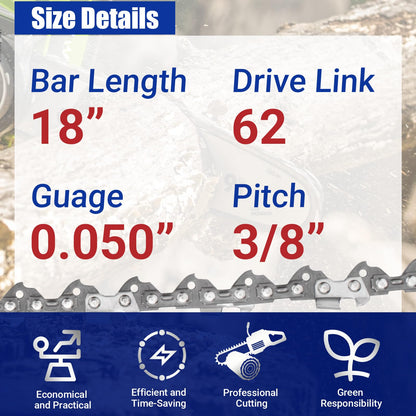18 Inch Chainsaw Chain 3/8" LP Pitch 62 Drive Links Replacement for EGO AC1800, 18" Chain Saw Chains Fit for EGO CS1800, CS1803, CS1804 DCCS672B Chainsaw (3Pcs)