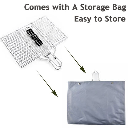Fish Basket for Grilling- BBQ Basket Stainless Steel Barbecue Basket with Foldable Handle, Portable Outdoor/Camping Grilling Accessories, Grill Vegetable Basket for All Grills（13.2 X 8.6 Inches）