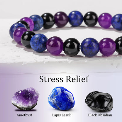 Healing Crystal Bracelet for Women Men 8mm Around Beaded Bracelet Amethyst Lapis Lazuli Black Obsidian Natural Stone Handmade Stretch Anxiety and Stress Bracelet Beads Spiritual Crystal Jewelry Gifts