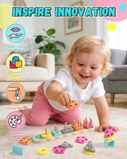 Zeewoo Montessori Toys for 1 2 3 Year Old Girl Boy Gifts Educational for 1-2 Year Old Caterpillar Wooden Shape Sorter Stacking Toys for Toddlers 2-4 Preschool Learning Toy Birthday Gift
