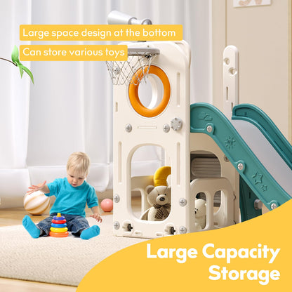 Baotree 6 in 1 Toddler Playset with Slide, Kids Slide with Basketball Hoop, Ball, Ring Toss, Indoor Outdoor Toys