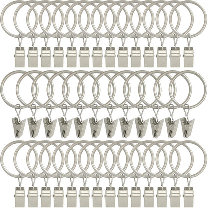 AMZSEVEN 40 Pack Curtain Rings with Clips, Drapery Clips with Rings, Drapes Rings 1.26 in Interior Diameter, Fits up to 1 in Curtain Rod, Matte Silver