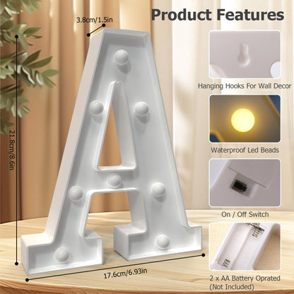 Marquee Letters, Led Letter Lights, 26 Alphabet Battery Powered LED Light Up Name Sign, Decorative Lighted Standing Letters for Graduation Party Night Light Wedding Birthday Room Wall Decor (Letter A)