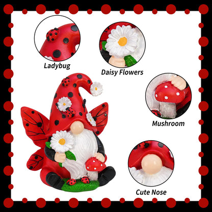 KnomeKo Ladybug Gnome Garden Decor, Fairy Gnome Figurine with Flowers, Spring Summer Outdoor Garden Decorations for Yard Lawn Patio, Garden Gifts for Women