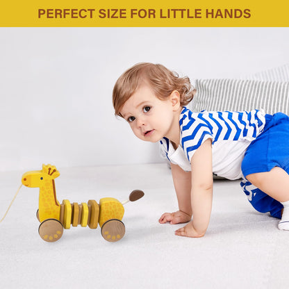 WoodenEdu Baby Toys Car,Wooden Pull Along Toddler Toy, Developmental Toy for 1 Year Old Girl Boy Birthday Gift (Giraffe)