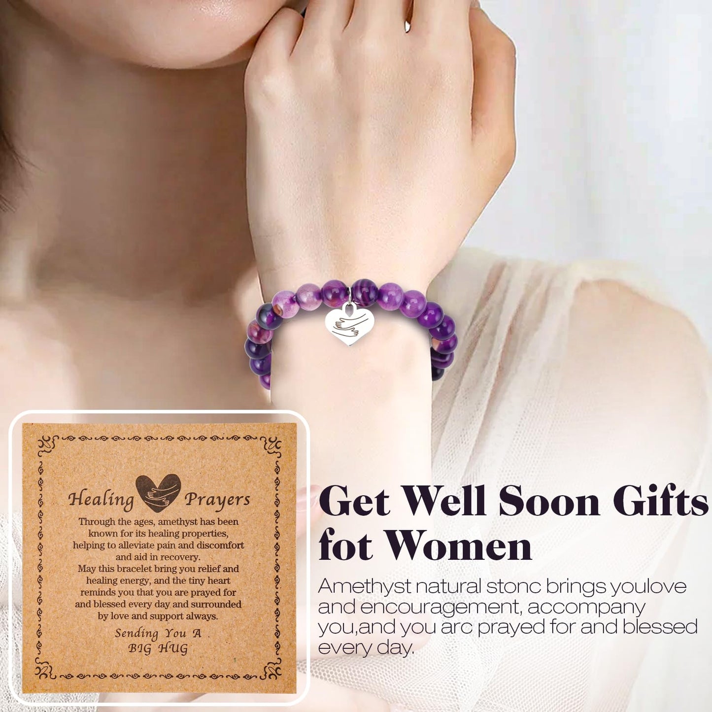 Encouragement Healing gifts,Natural Stone Amethyst Bracelet for Women ,Those Facing Illness or Anxiety to Get Well Soon, Inspirational Gifts on Thanksgiving Christmas Valentine's Day (Agate amethyst)