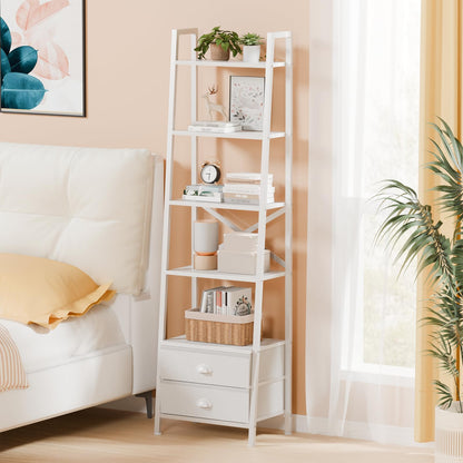 Furologee 5-Tier Ladder Shelf with 2 Drawers,Narrow Bookshelf Storage Shelves,Industrial Bookcase Freestanding Rack Units for Bedroom,Living Room,Bathroom,Home Office,Balcony,Wood Metal, White
