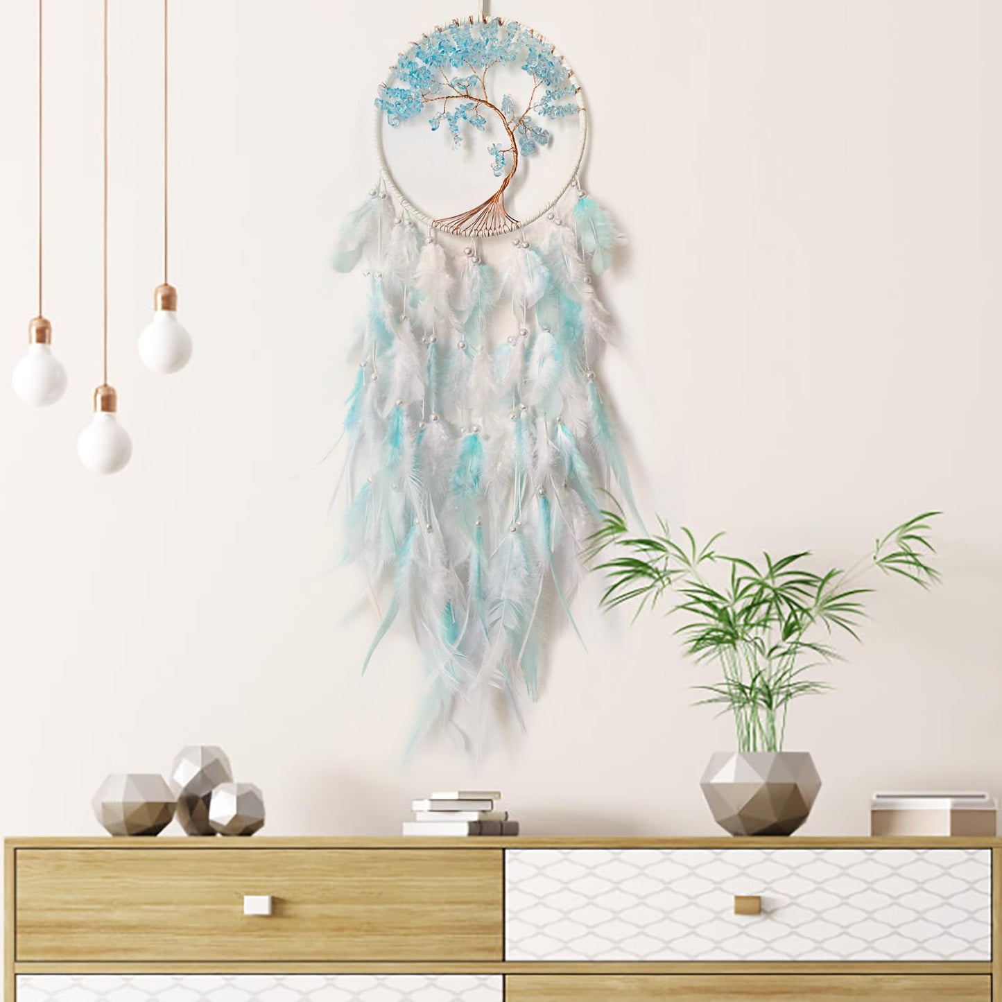 SOYUZU White and Cyan Dream Catcher Wall Decor Crystal Tree of Life Dream Catchers Handmade Feather Dreamcatcher Wall Hanging Ornament for Bedroom Living Room Home Decor