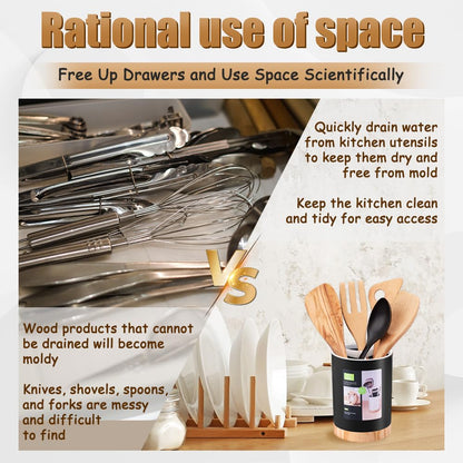 Tiosamd Kitchen Utensil Holder Tableware Storage Bucket, Spoon Chopsticks Fork Drain Rack Utensil Crock for Counter, Household 3-Format Tableware Drainer with Removable Divider and Wooden Base