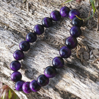 10mm Purple Tigers Eye Bracelet for Women Men | Natural Handmade Protection Amethyst Color Throat Chakra Gemstone Crystal Jewelry | Beading Tool Kit - Fits for 7-8" Large Wrist | Boost Motivation