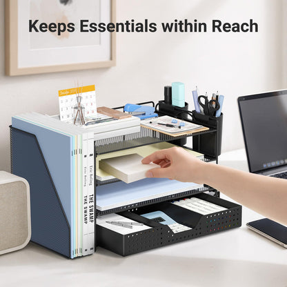 ECOLOVI Desk Organizer, 4-Tier Paper Organizer Letter Tray with File Holder, Drawer and 2 Pen Holders, Desktop File Organizer for Office Supplies, Workspace Storage, Black