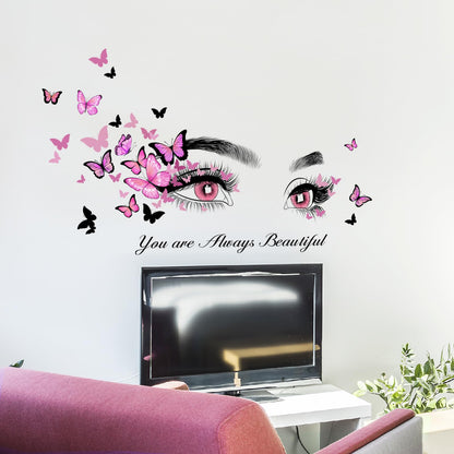 Beautiful Eyelash Eyes Wall Stickers Flying Butterfly Wall Decals You are Always Beautiful Quotes Wall-Decor Vinyl Art Butterflies Decor Stickers for Women Girls Bedroom Living Room Decor