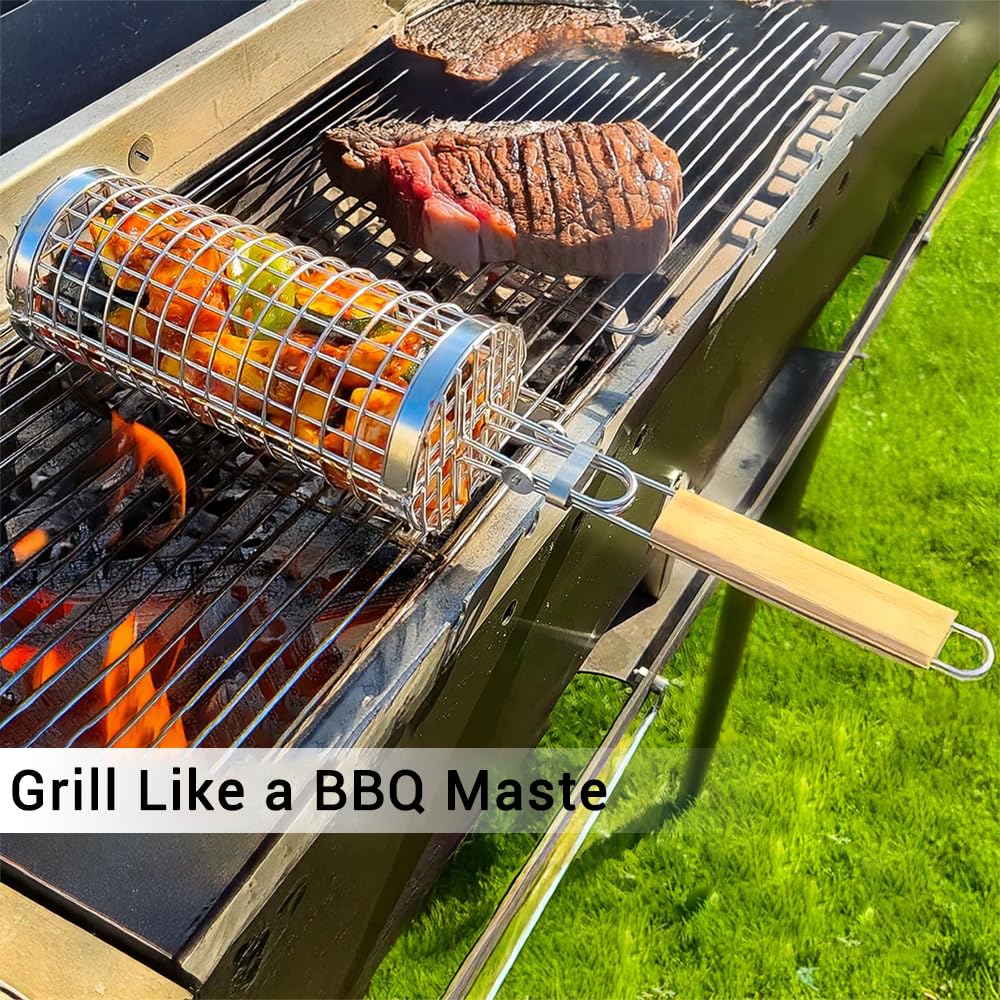 Rolling Grill Basket for Vegetables, Kebabs & Shrimp – 304 Stainless Steel BBQ Accessory with Side-Opening Design, Ideal for Outdoor Cooking & Camping (Rolling Grill Basket)