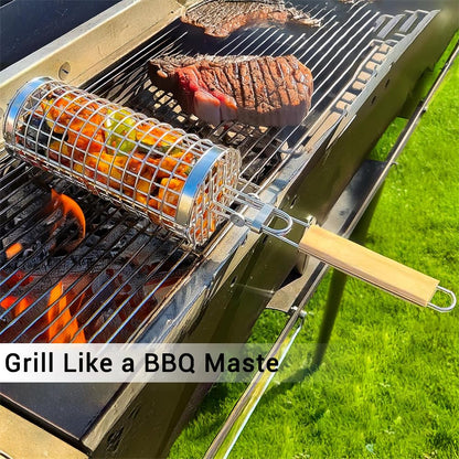 Rolling Grill Basket for Vegetables, Kebabs & Shrimp – 304 Stainless Steel BBQ Accessory with Side-Opening Design, Ideal for Outdoor Cooking & Camping (Rolling Grill Basket)
