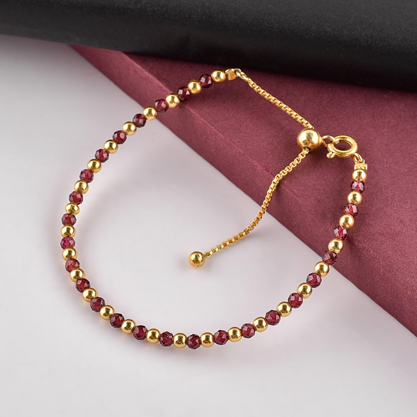 ZEMBIENCE Natural Red Garnet Gemstone Bracelet for Women, January Birthstone Jewelry, 18K Gold Plated Micro- Beads, Handmade Bolo Single Slider Chain, Healing Crystal, Christmas Gift, 10inch
