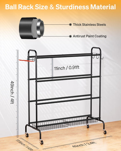 EXTCCT Basketball Rack, Outdoor Rolling Basketball Shooting Training Stand,Sports Equipment Storage with Wheels, Garage Four-Layer Ball Holder with Two Basket for Basketballs Footballs Volleyball