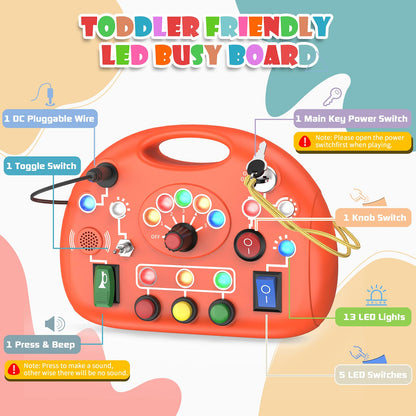 JIWORT Montessori Busy Board for 1 Year Old, Busy Board with LED Light, Baby Sensory Board Toddler Travel Toys for Kids Preschool Learning Activities Boys & Girls Birthday (Orange)