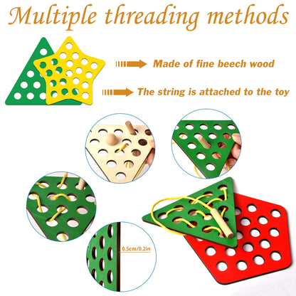 6 Pcs Lacing Toy Toddlers, Geometric Wooden Threading Toys, Educational and Learning Montessori Activity Baby and Kids, Fine Motor Skill Toys
