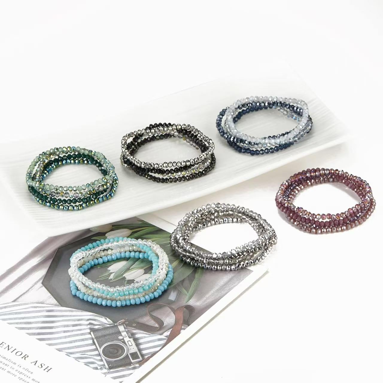 ChungLong0593 Boho Colorful Stackable Crystal Glass Beads Stretch Bracelets Multilayered Bracelets for Women Bohemian Jewelry-Green 4pcs
