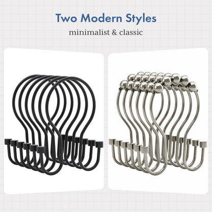 Bathway Shower Curtain Hooks Black Shower Curtain Rings, Simple Double Hook Shower Curtain Hooks Rust Proof, Smooth Sturdy Metal Shower Hooks for Shower Curtain Rod, 12Pcs Shower Rod Hooks