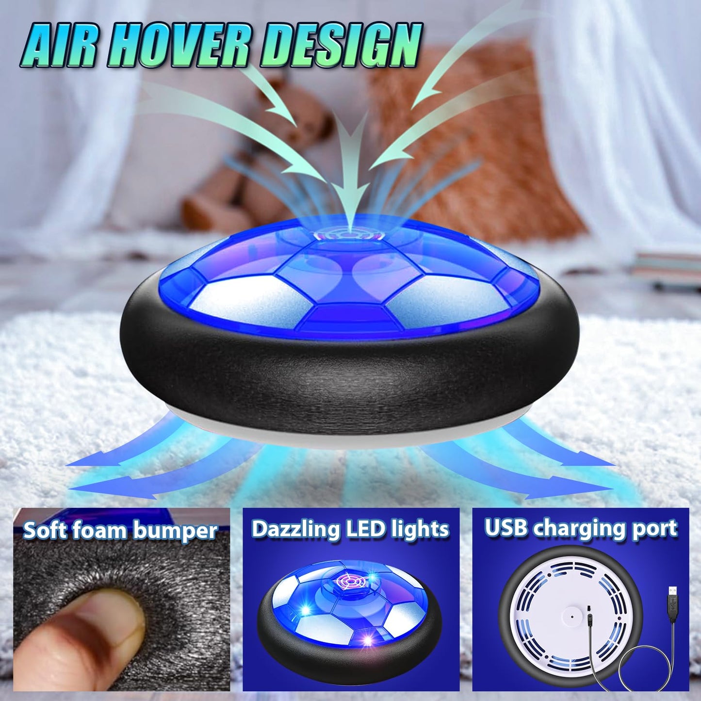 Linkowin Hover Soccer Ball for Kids - Rechargeable LED Air Power Football, Indoor/Outdoor Floating Hover Ball Toy, USB Charging Soccer Gifts for Boys & Girls Ages 3-12, Birthday/Holiday Presents