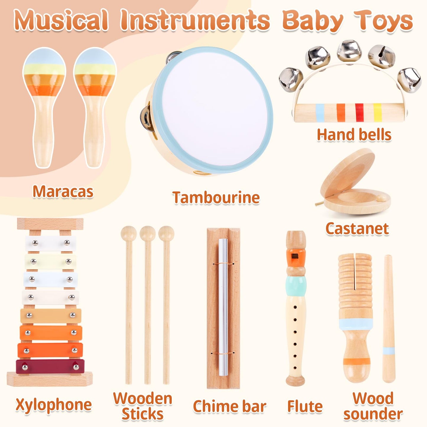 Wooden Toddler Musical Instruments Set, Montessori 18 Month Old Baby Musical Toys, Kids Percussion Instruments Xylophone Maracas for Toddlers 2 3 4, Preschool Christmas Birthday Gifts for Girls Boys