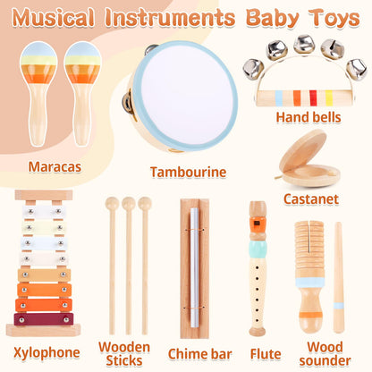 Wooden Toddler Musical Instruments Set, Montessori 18 Month Old Baby Musical Toys, Kids Percussion Instruments Xylophone Maracas for Toddlers 2 3 4, Preschool Christmas Birthday Gifts for Girls Boys